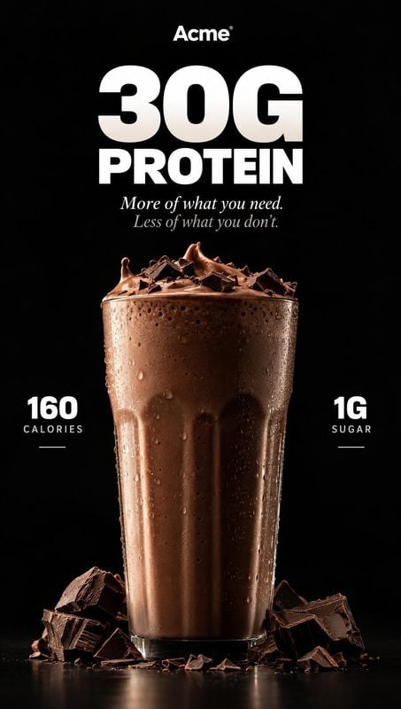 chocolate protein shake ingredients product photo: A chilled chocolate protein shake topped with chocolate pieces stands against a dramatic black studio backgr…