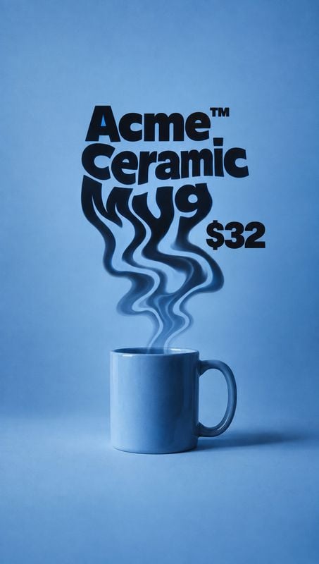 ceramic mug home product photo: A blue ceramic mug sits on a seamless blue studio set as stylized steam rises into bold black lettering and a $32 price, creati…