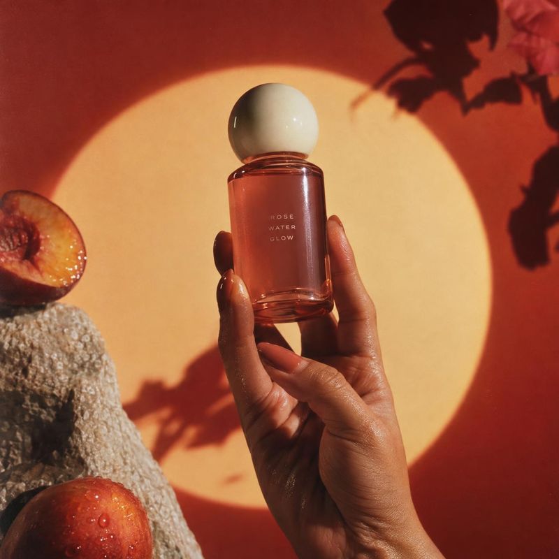 rose water glow skincare bottle product in hand product photo: A hand presents a translucent rose-colored skincare bottle against a warm red-and-gold studio ba…