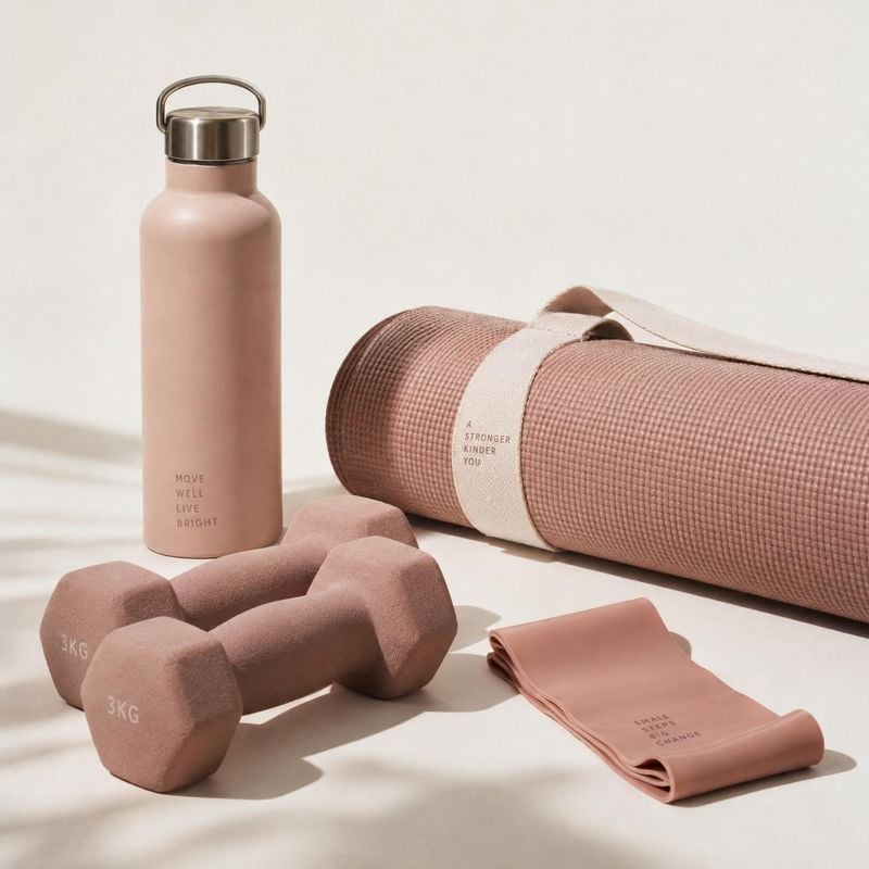 fitness equipment set sports product photo: A blush-toned water bottle, rolled exercise mat, dumbbells, and resistance band are arranged on a pale studio surfa…