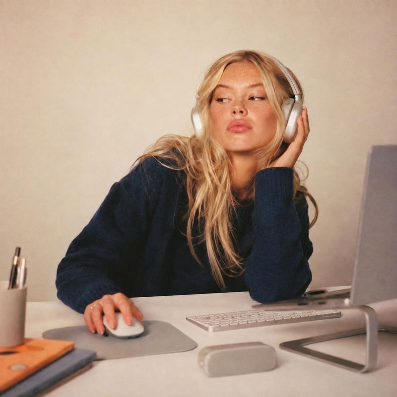 over-ear headphones lifestyle scene product photo: A blonde woman in a navy sweater wears silver over-ear headphones while working at a desk, photographed in w…