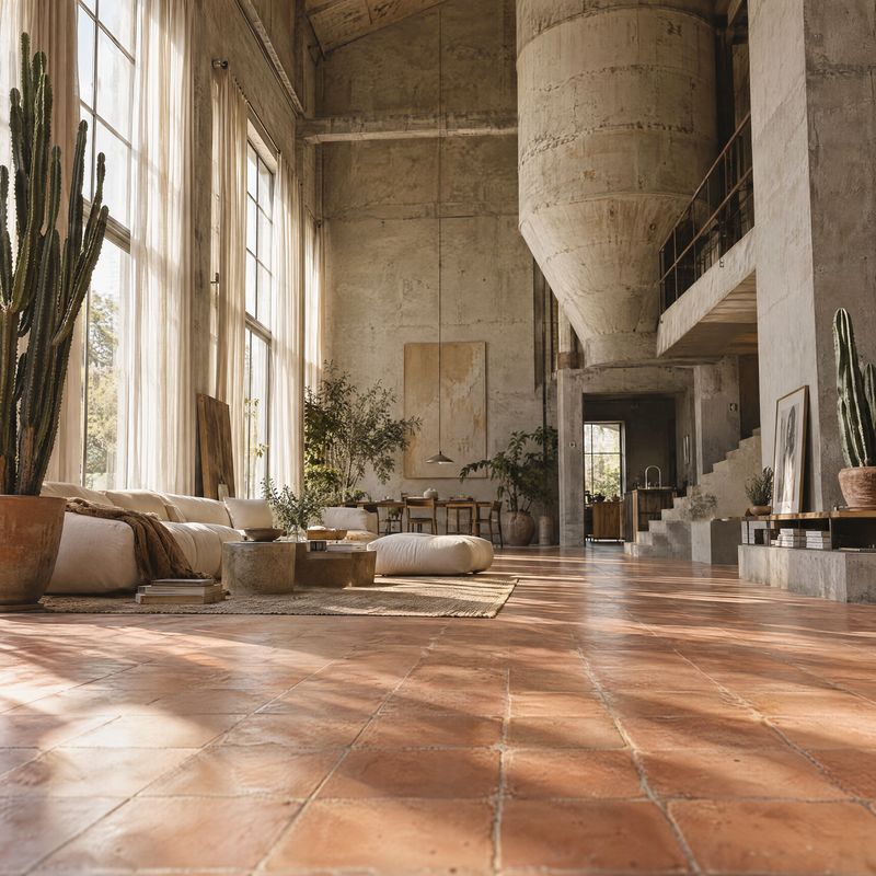 terracotta floor tiles product photo: A spacious loft with terracotta floor tiles, pale linen furnishings, concrete walls and tall windows, bathed in warm natu…