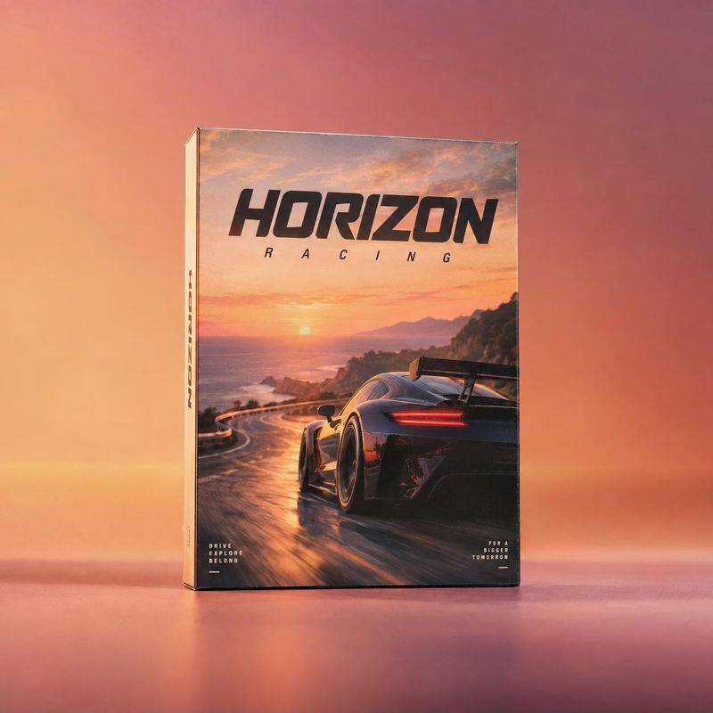 Horizon Racing game box packshot product photo: A Horizon Racing game box stands upright against a warm pink-orange studio backdrop, its cover showing a sports…