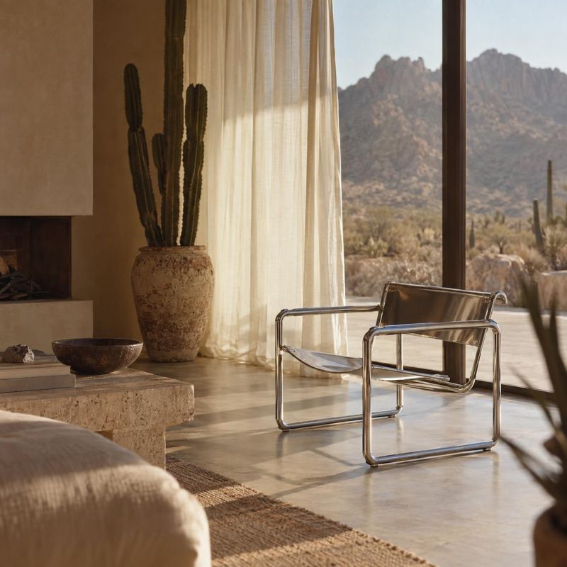 modern lounge chair interior space product photo: A modern chrome-frame lounge chair sits in a warm, sunlit desert home, styled with natural stone, woven textu…
