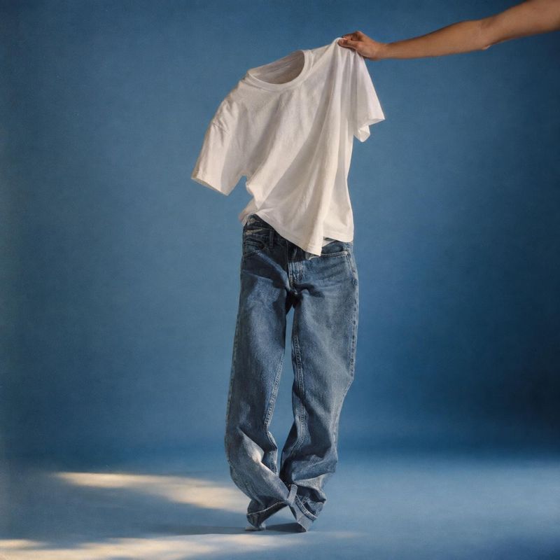 white T-shirt and blue jeans ghost mannequin product photo: A cropped model in loose blue jeans holds up a draped white T-shirt against a softly lit blue studi…