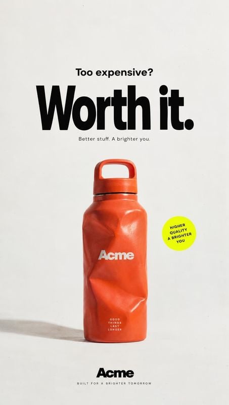 red water bottle sports product photo: A red reusable bottle stands against a pale studio backdrop beneath bold black promotional typography, with bright, clea…