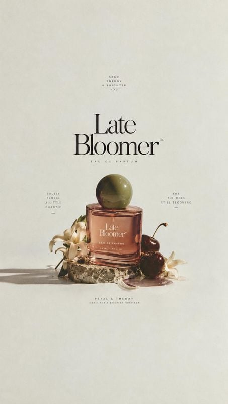perfume texture / swatch product photo: A rose-toned perfume bottle sits on a stone among pale flowers and cherries against a softly lit cream backdrop, with r…