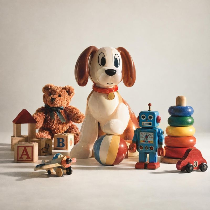 assorted children's toys toys product photo: A colorful assortment of classic toys—including a large pull-along dog, teddy bear, blocks, a robot, and stacking…