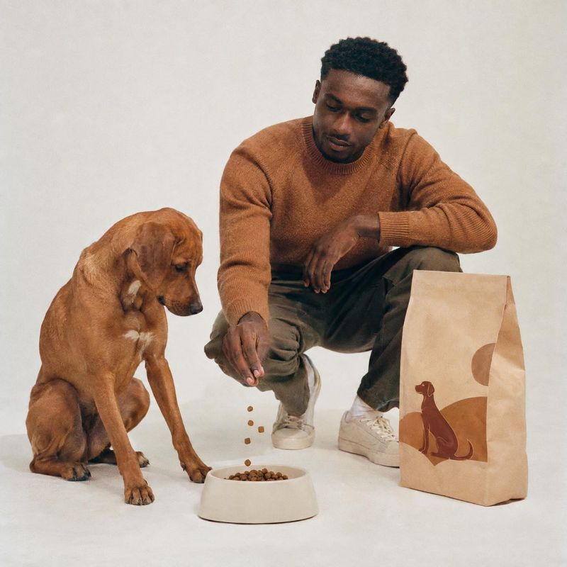 dog food pet product photo: A man in a rust-colored sweater crouches beside a seated dog, feeding it kibble from a bowl next to a kraft-paper food bag against…