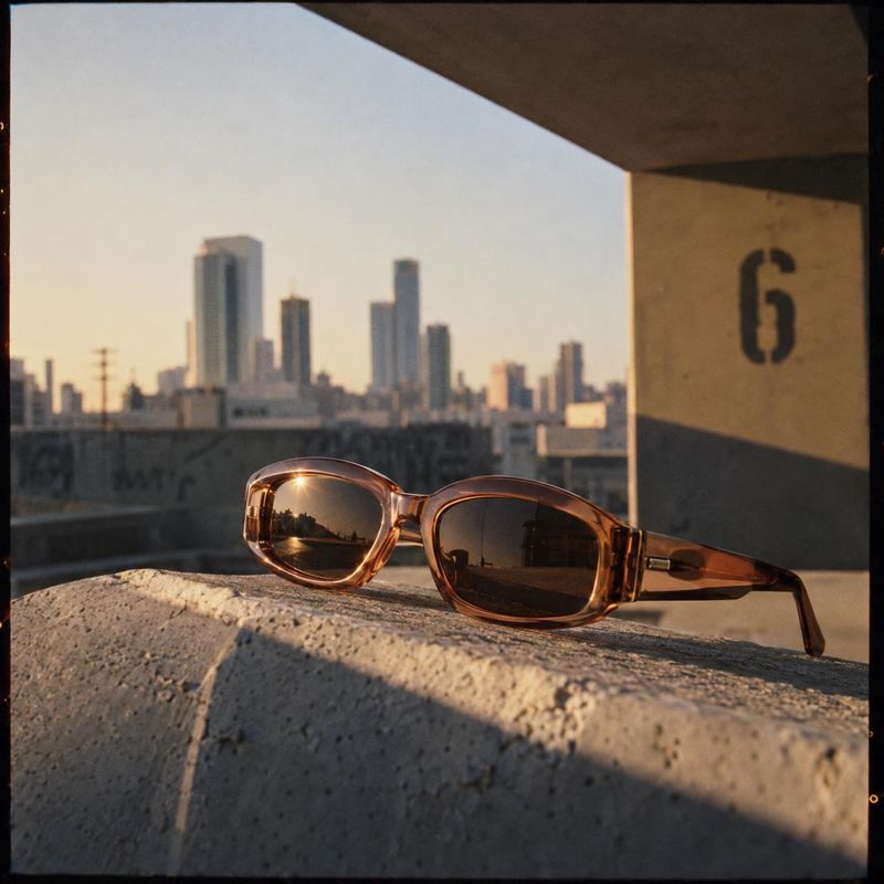 sunglasses lifestyle scene product photo: Amber-toned sunglasses rest on a sunlit concrete ledge, with a softly focused city skyline behind them in warm golden…