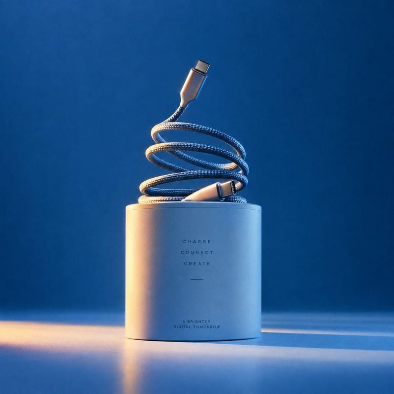 USB-C charging cable electronics product photo: A braided charging cable coils above a pale cylindrical base against a deep blue studio backdrop, with warm sid…