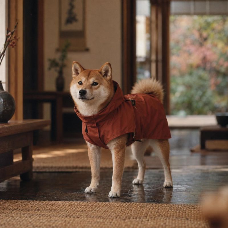 dog jacket pet product photo: A Shiba Inu models a rust-red hooded jacket in a warmly lit Japanese-style interior, with a softly blurred garden beyond the wind…