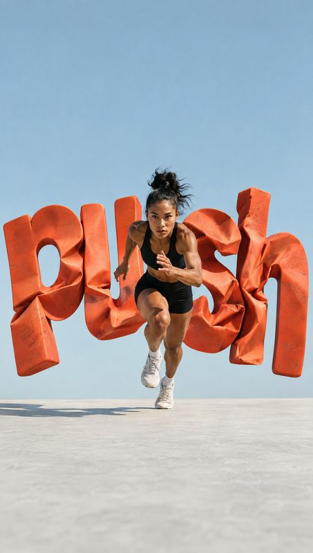 women’s athletic outfit and sneakers action & motion product photo: An athletic woman sprints toward the camera in a black outfit and white sneakers, framed by…