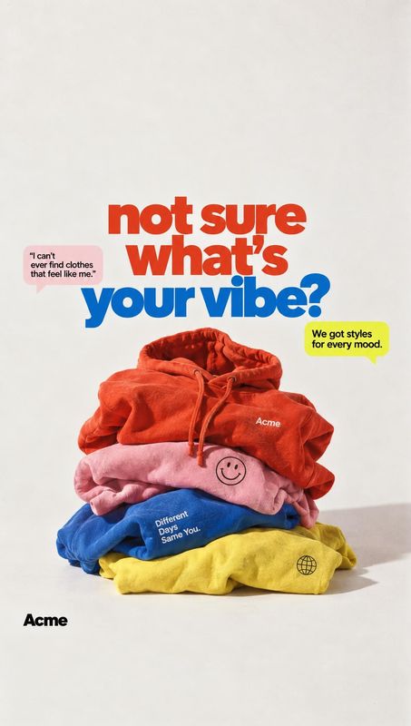 folded sweatshirts fashion product photo: A colorful stack of folded sweatshirts sits on a pale studio surface beneath bold red-and-blue headline typography an…