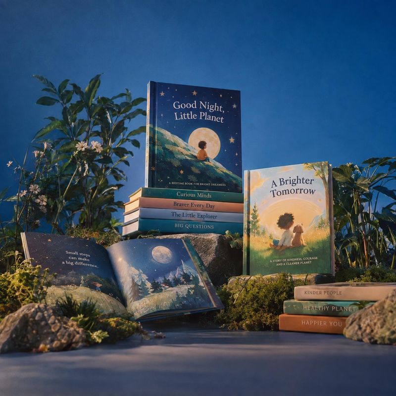 children’s books book product photo: A curated collection of illustrated children’s books is arranged among rocks and leafy plants beneath a deep blue sky, wit…