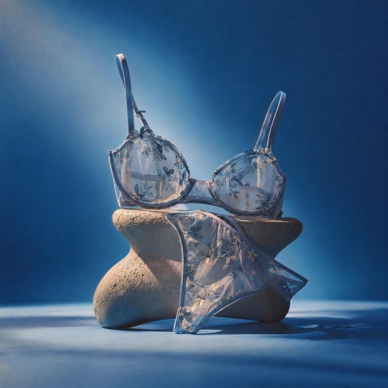 embroidered lingerie set ghost mannequin product photo: A sheer embroidered lingerie set is artfully draped over a sculptural stone form against a deep blue st…
