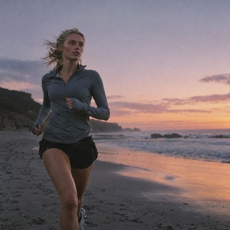 women's running apparel action & motion product photo: A woman in a slate running top and black shorts jogs along a rocky beach at sunset, with wind in her hai…