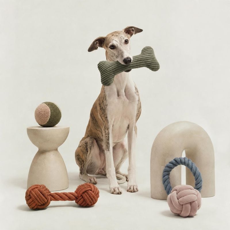 dog toys pet product photo: A brindle-and-white dog sits among colorful rope and chew toys on a pale studio set, with soft even lighting and a calm, playful mo…