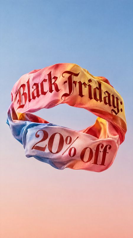 printed fabric scarf floating product product photo: A colorful fabric scarf curls into a floating loop against a soft blue-to-pink gradient, with bold Black F…