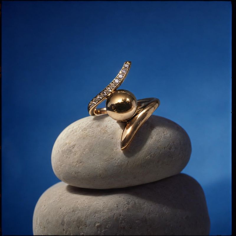gold ring close-up detail product photo: A sculptural gold ring with a sparkling curved band rests on stacked pale stones against a vivid blue studio backdrop,…