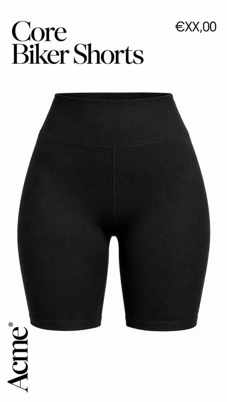 black biker shorts packshot product photo: Black biker shorts are centered against a clean white background, with large editorial-style product lettering and a…