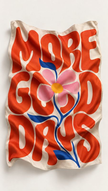 tote bag flat lay product photo: A cream-colored fabric tote with bold red lettering and a pink flower is photographed against a warm off-white studio backgrou…