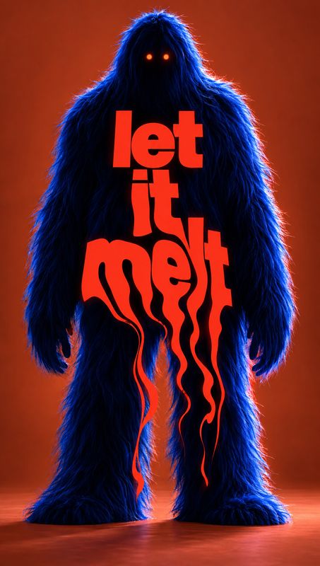 halloween product photo: A towering blue furry creature with glowing orange eyes stands against a vivid orange studio backdrop, while oversized red lettering d…