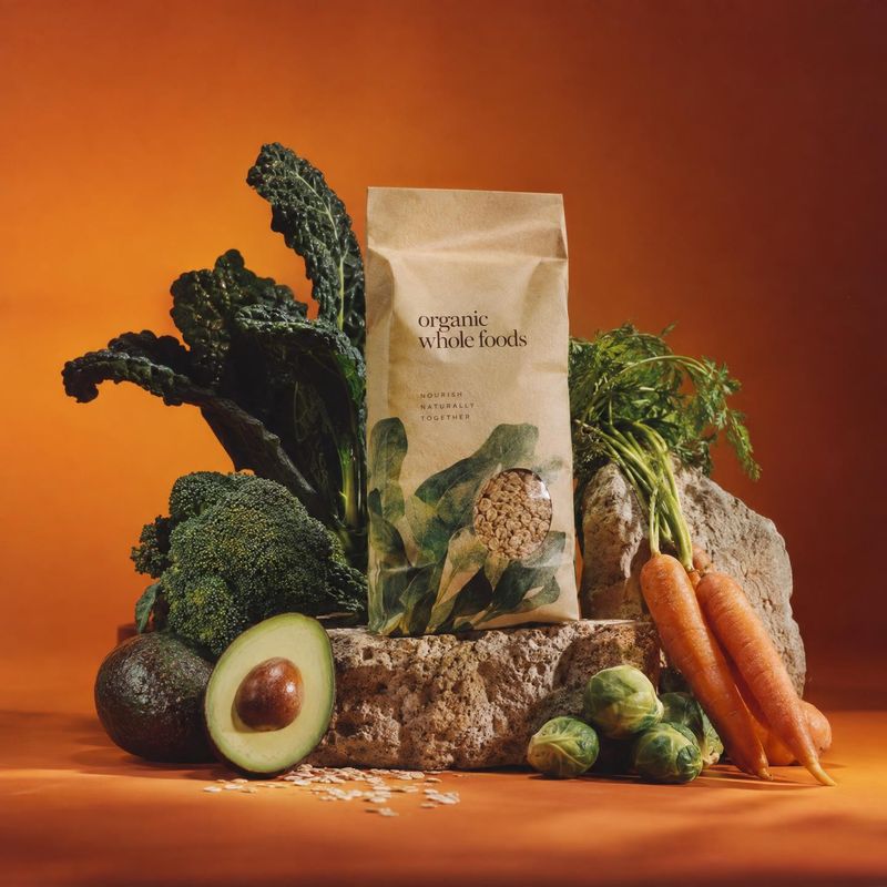 bag of organic whole foods ingredients product photo: A kraft pouch of organic whole foods is staged among fresh vegetables and grains on a stone pedestal agai…