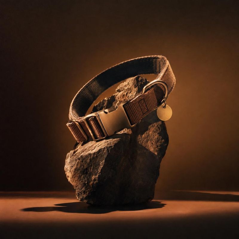 woven dog collar pet product photo: A woven brown dog collar with a brass-tone buckle and round tag is draped over a rugged stone, dramatically lit against a w…