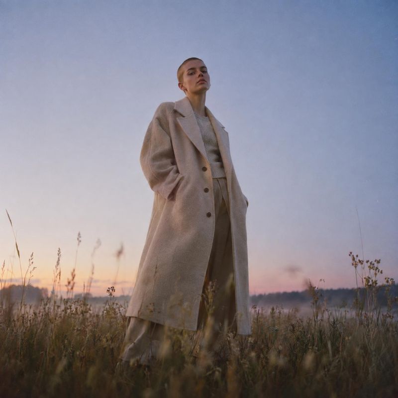 wool coat autumn product photo: A model in a long neutral wool coat stands amid tall grasses at dusk, with a soft pastel sky creating a calm, understated edito…