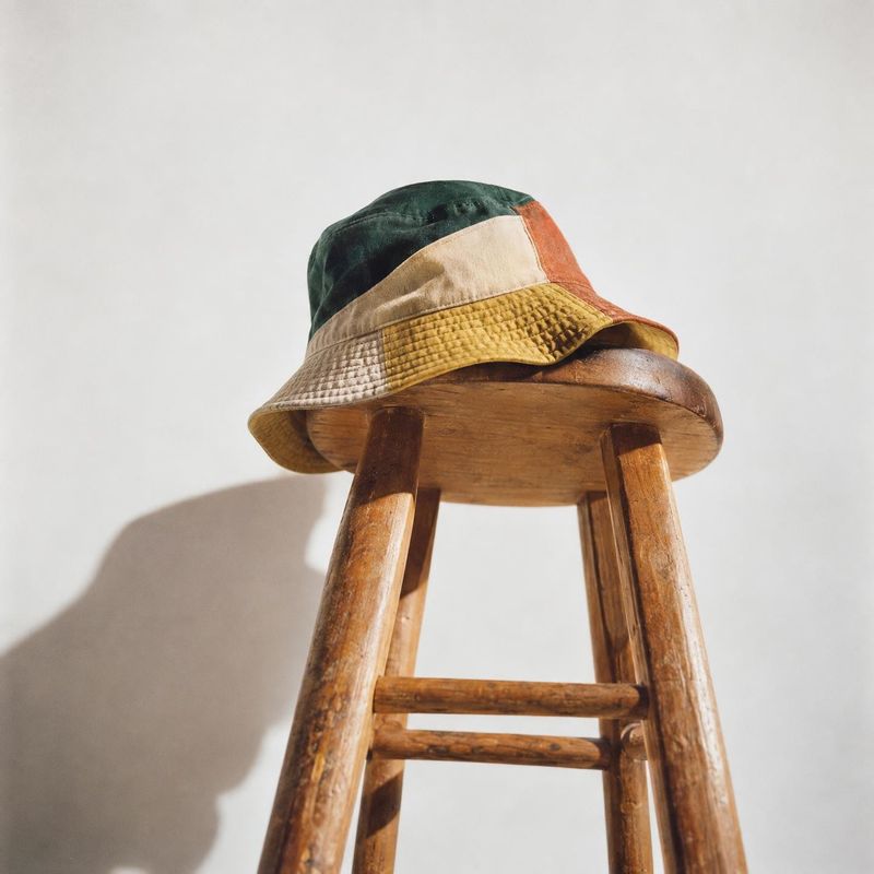 color-block bucket hat ghost mannequin product photo: A color-block bucket hat rests on a rustic wooden stool against a softly lit pale studio backdrop, creati…
