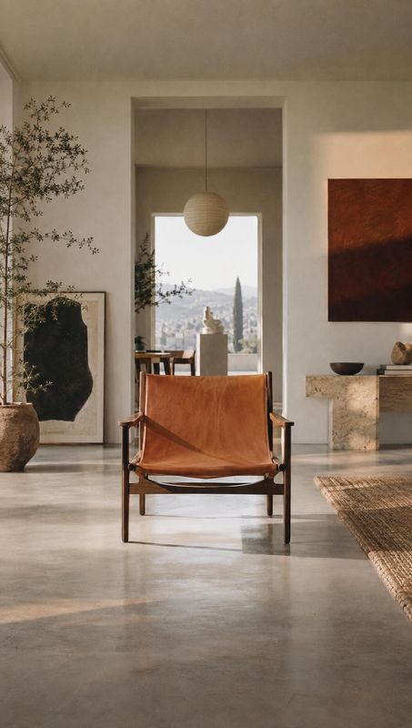 leather lounge chair interior space product photo: A cognac leather lounge chair sits in a serene, artful living room, with warm sunlight, natural materials an…