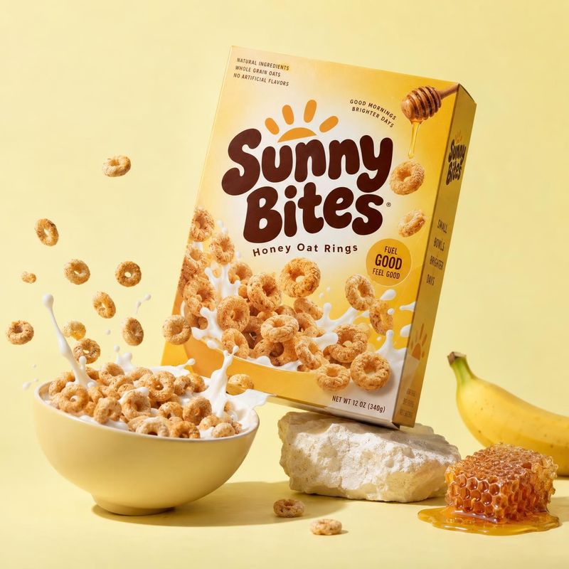 honey oat cereal ingredients product photo: A bright yellow cereal box stands behind a bowl as oat rings appear to leap through splashes of milk, with banana,…