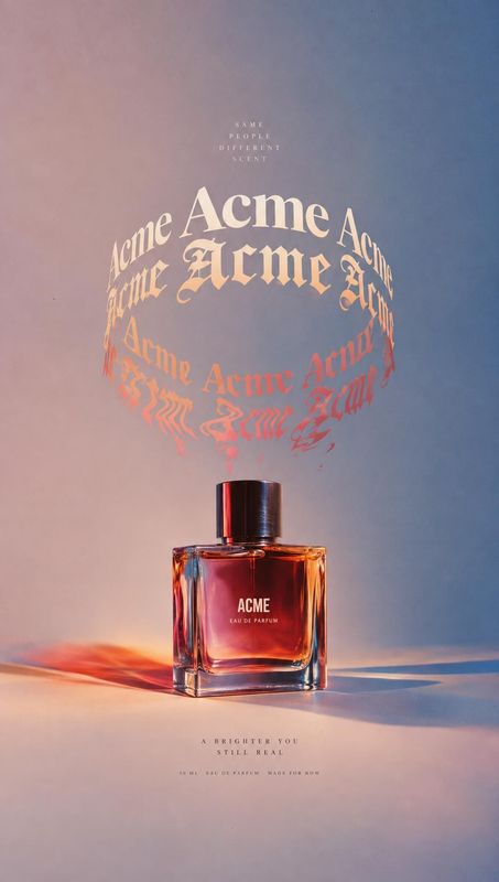 perfume bottle packshot product photo: A glass perfume bottle sits centered against a softly lit pink-and-blue studio backdrop, beneath swirling cream and cora…