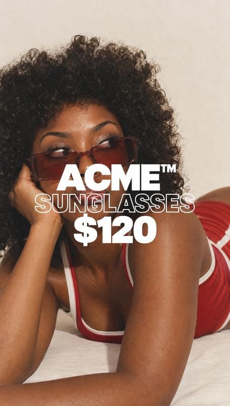 sunglasses jewelry product photo: A curly-haired woman in red sunglasses and a red-and-white swimsuit poses against a warm neutral studio backdrop, with bold w…
