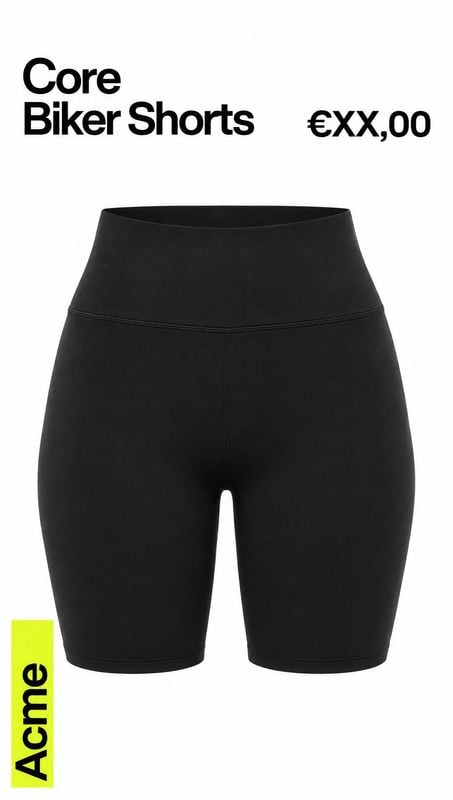 black biker shorts packshot product photo: Black high-waisted biker shorts are isolated against a white background, with bold product text, a price, and a neon…
