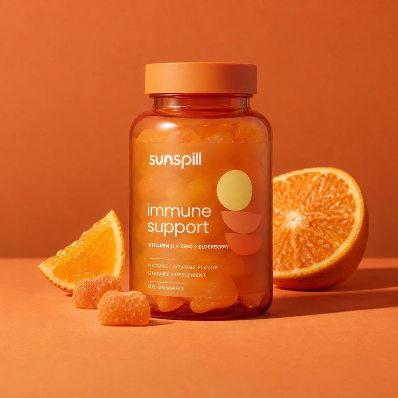 orange-flavored immune support gummies ingredients product photo: An amber bottle of orange-flavored supplement gummies is styled with orange slices and loose…