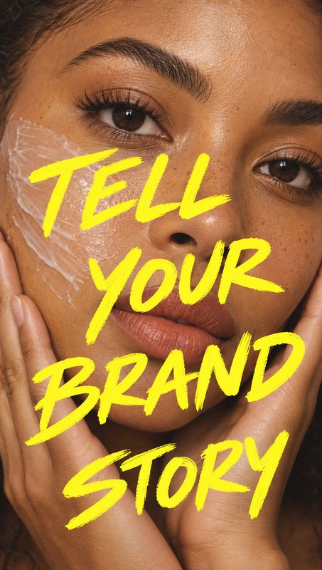 close-up detail product photo: A tightly cropped beauty portrait shows a woman with cream on her cheek and hands framing her face, overlaid with bold yellow br…