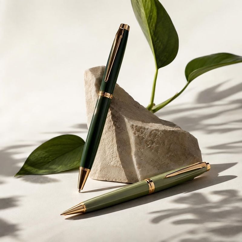 two pens stationery product photo: Two dark green pens with gold-tone details are arranged against a pale stone and leafy backdrop, lit by crisp sunlight for a…