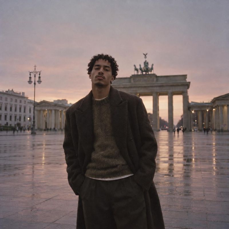 wool coat exterior / architecture product photo: A curly-haired man in a dark wool coat and layered knitwear stands in a rain-slicked Berlin plaza at dusk, wit…