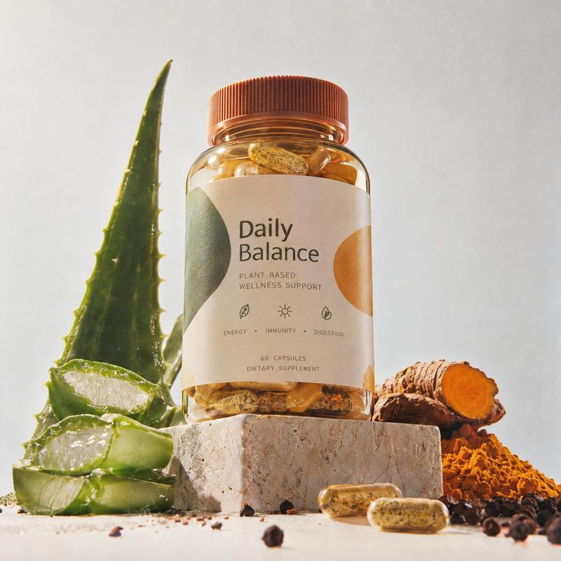 dietary supplement capsules ingredients product photo: A clear bottle of plant-based wellness capsules is styled on a stone block among aloe, turmeric and scat…