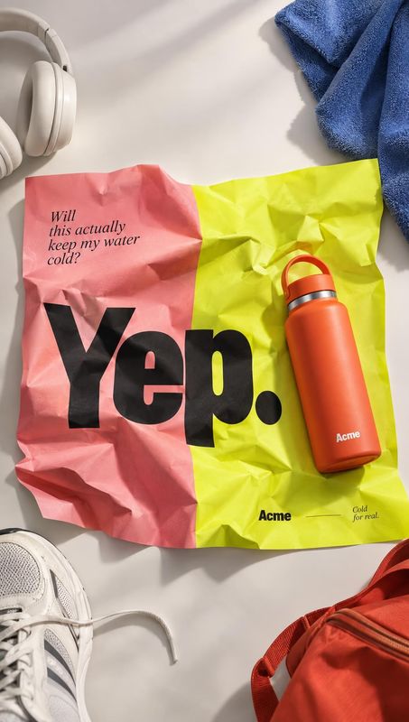 insulated water bottle flat lay product photo: A coral insulated bottle sits on a crumpled pink-and-yellow typographic sheet among headphones, a towel, sneaker…