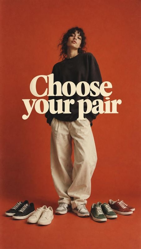 sneakers fashion product photo: A model in a relaxed black top and cream trousers stands against a warm red studio backdrop, surrounded by colorful sneakers be…