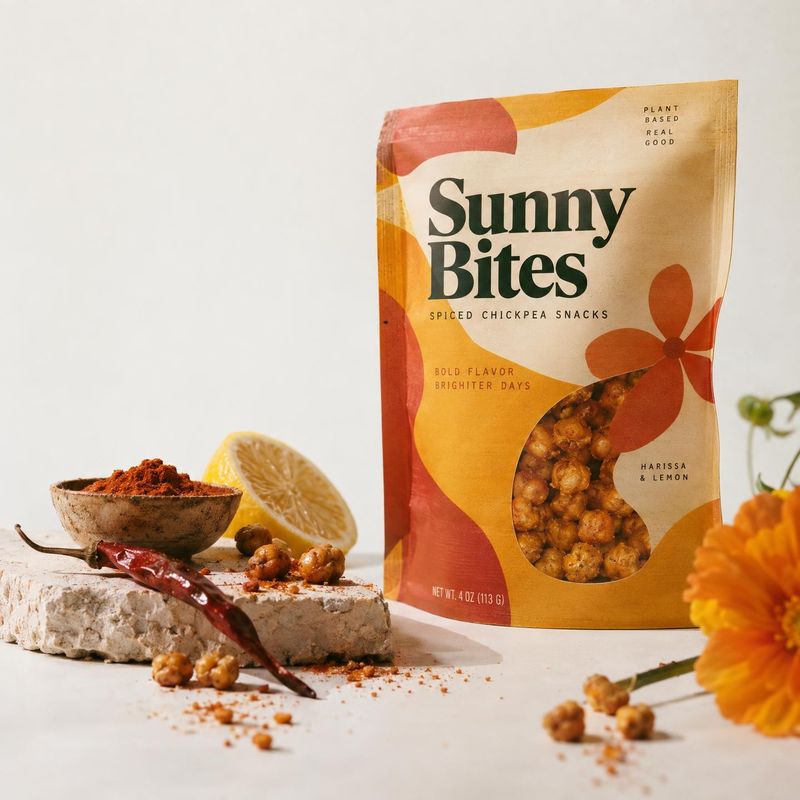 spiced chickpea snacks ingredients product photo: A colorful snack pouch stands among chickpeas, chili, spice and lemon on a pale studio surface, lit with warm…