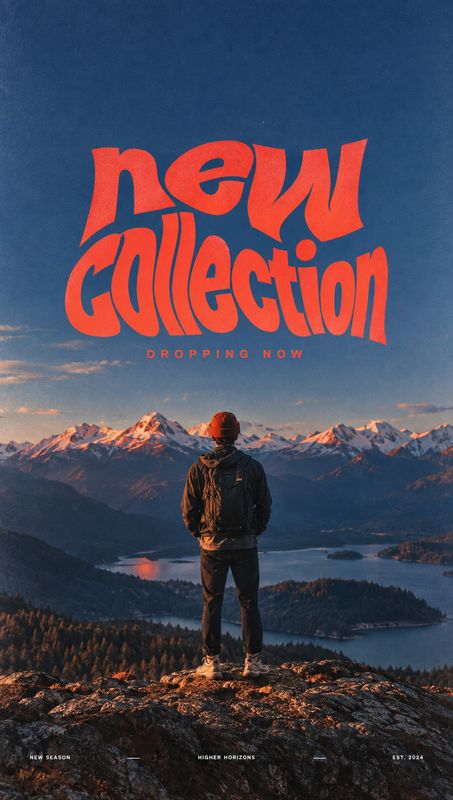 lifestyle scene product photo: A lone person in outdoor clothing faces a mountain-and-lake vista at sunset, beneath bold red “New Collection” display lettering…