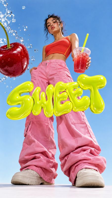 fruit smoothie action & motion product photo: A model in a bright red crop top and loose pink cargo pants poses against a clear blue studio backdrop, holding a…