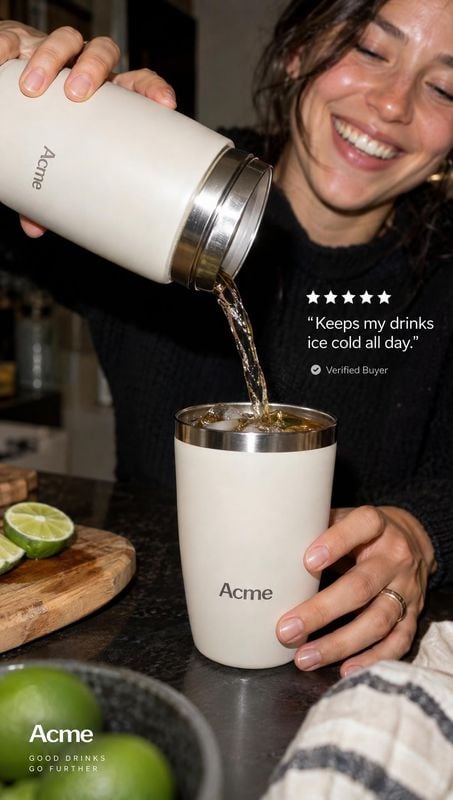 insulated travel tumbler splash / pour product photo: A smiling woman pours a drink from a cream insulated tumbler into a matching cup at a kitchen counter, wi…