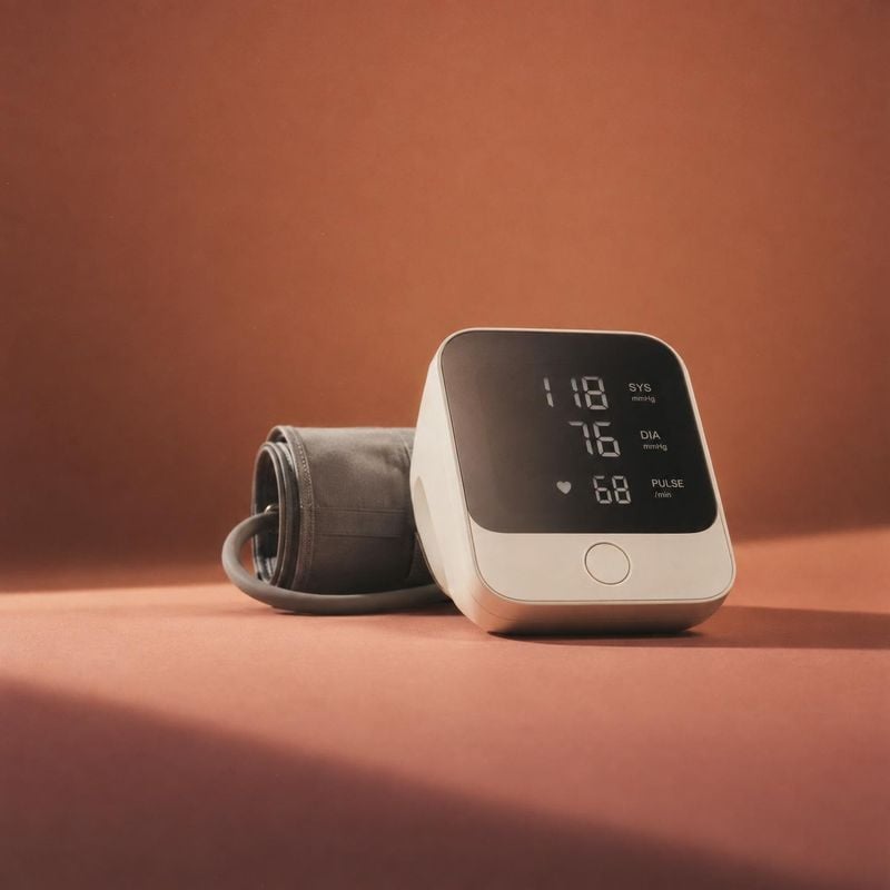 digital blood pressure monitor personal care product photo: A digital blood pressure monitor and cuff sit against a warm terracotta studio backdrop, lit softly…