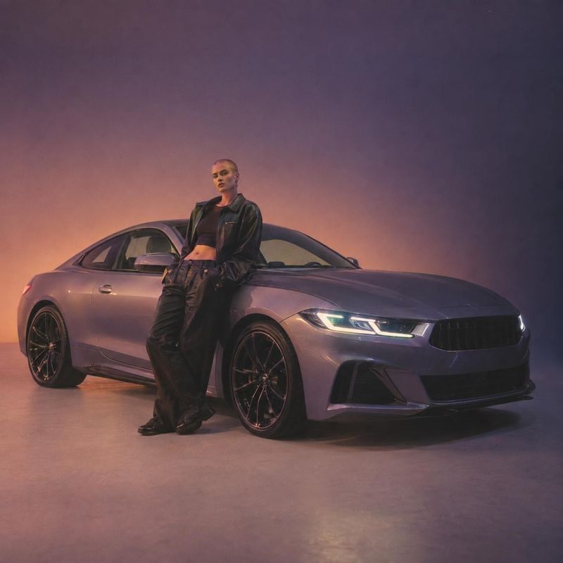 sports coupe vehicle exterior product photo: A short-haired model in dark leatherwear leans against a sleek coupe in a moody studio, lit by warm pink and viole…