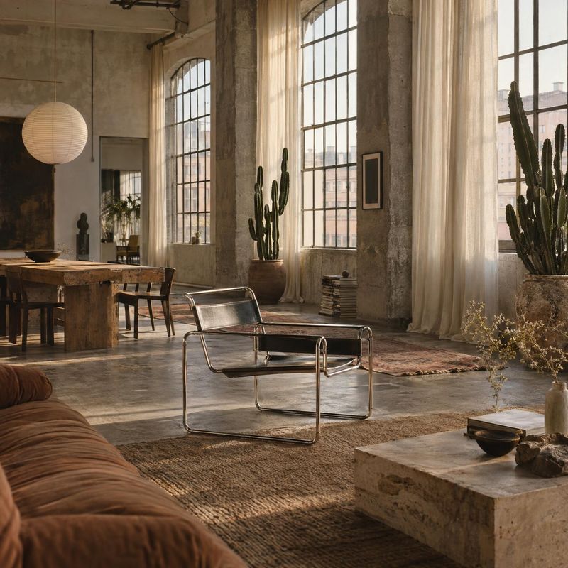 modern lounge chair interior space product photo: A minimalist metal-frame lounge chair sits in a warm loft living room with tall curtained windows, natural li…